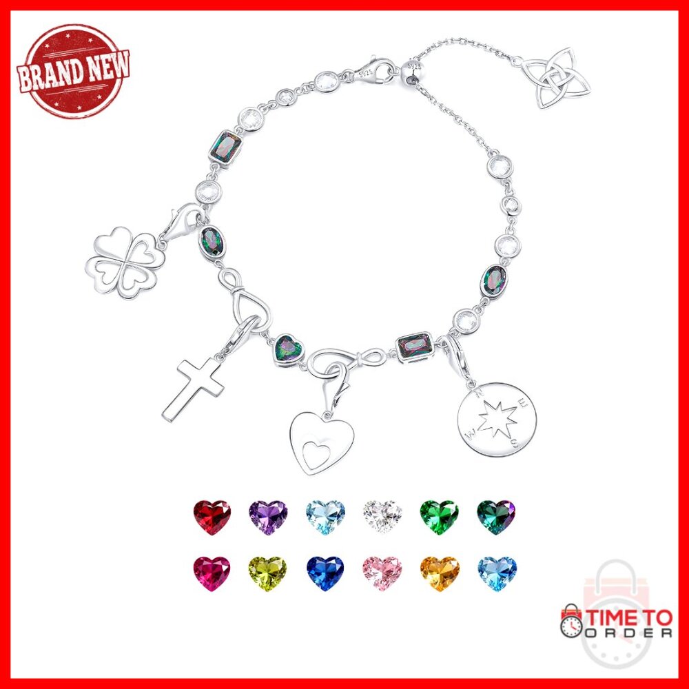 Adjustable Sterling Silver Birthstone Bracelet with Charms, 6-8 Inches
